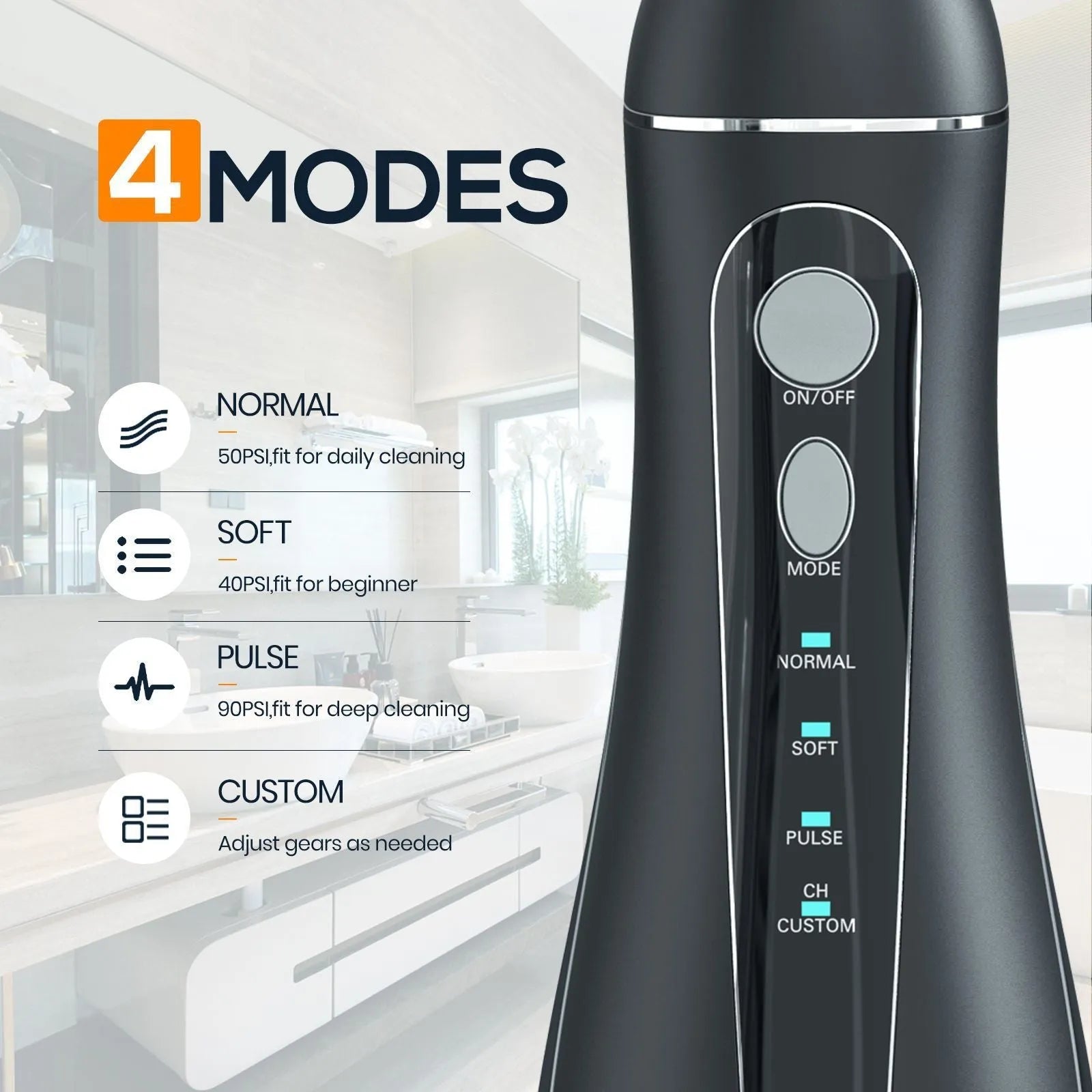 Black Prooral Mornwell portable oral irrigator with water tank and nozzle for dental cleaning.