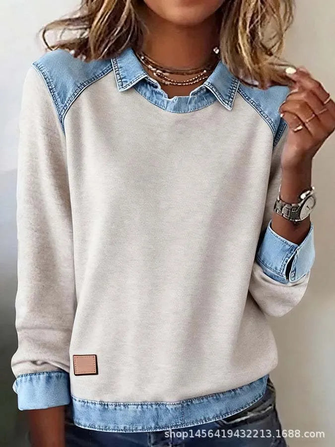 Denim collar long sleeve pullover patchwork knitwear top in solid colour street fashion style, polyester fibre, multiple colour options
