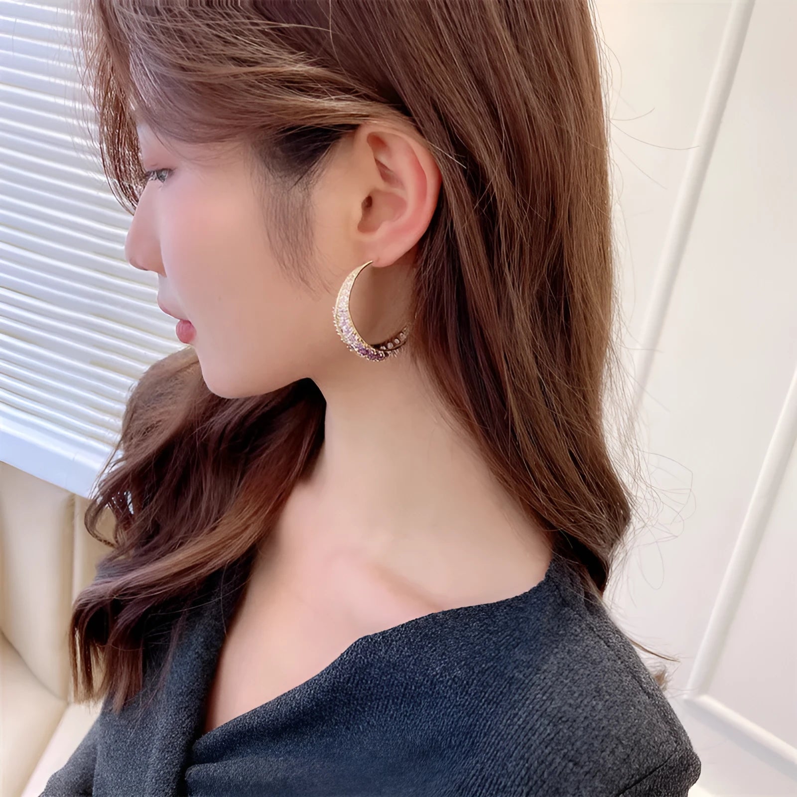 Geometric copper hoop earrings with zirconium accents in gold white, purple, green, black, or silver white.