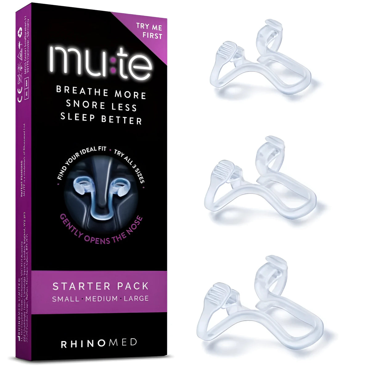 PVC anti snoring nasal dilator in purple, green, red, and blue, with one boxed snoring stopper