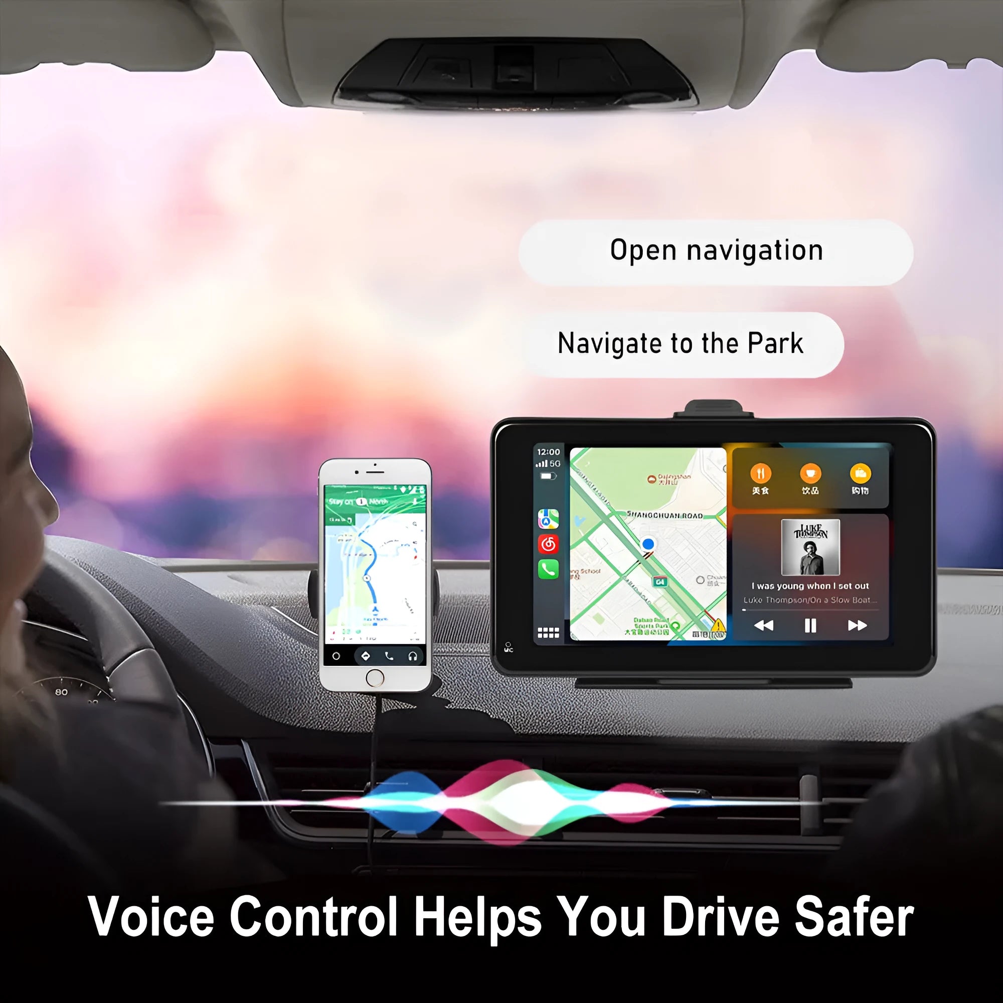 7-inch HD wired screen player with universal suction cup and vertical stand mounts on a grey background.