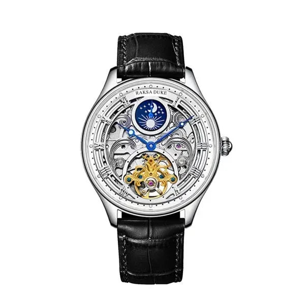 Men's waterproof business watch with 16mm thick case and steel or leather strap options