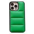 Candy down jacket texture iPhone case in solid colours: black, white, rose red, green.