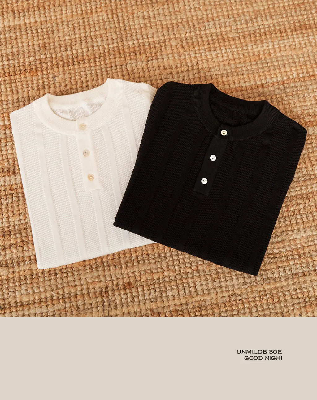 Men's creamy-white knitted short-sleeve t-shirt with a Henry collar and sunken stripe texture.