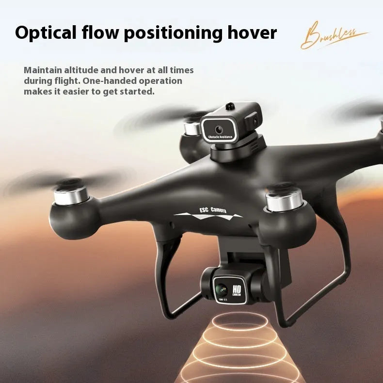Black and white plastic brushless UAV drone with four obstacle avoidance sensors and a camera.