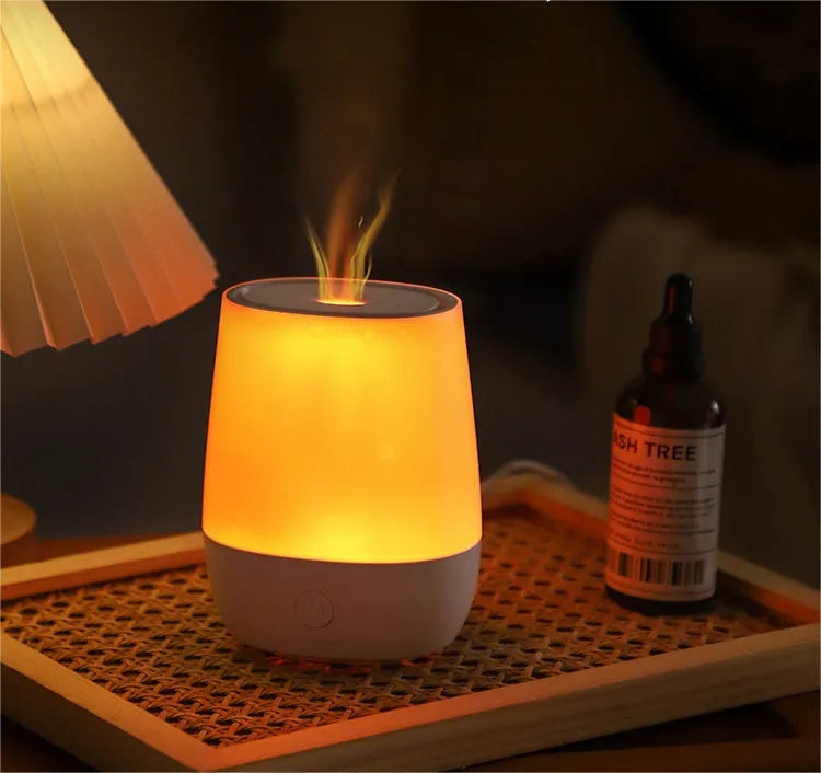 White USB aroma diffuser humidifier with flame effect, 138mm tall with Type-C connection