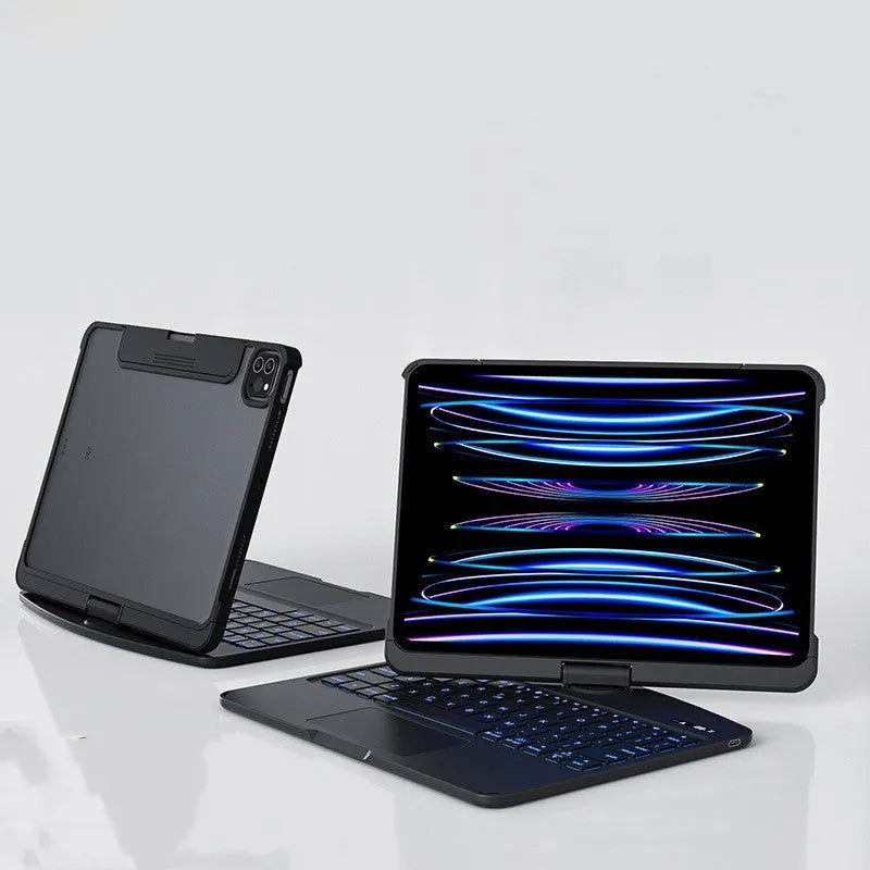 Transparent protective case with built-in wireless Bluetooth keyboard for iPad Pro.