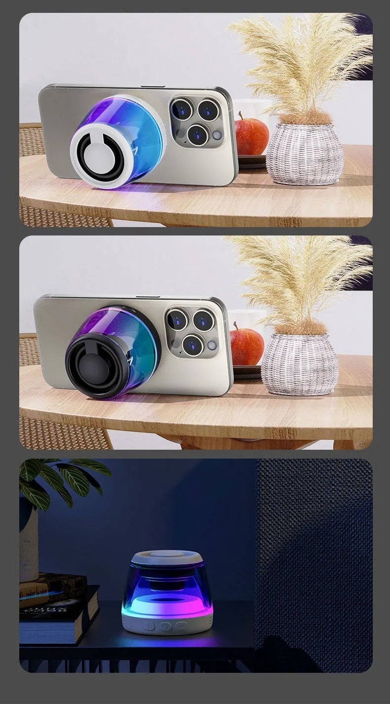Portable white Bluetooth speaker with magnetic base, mood light, and card slot on a desk.