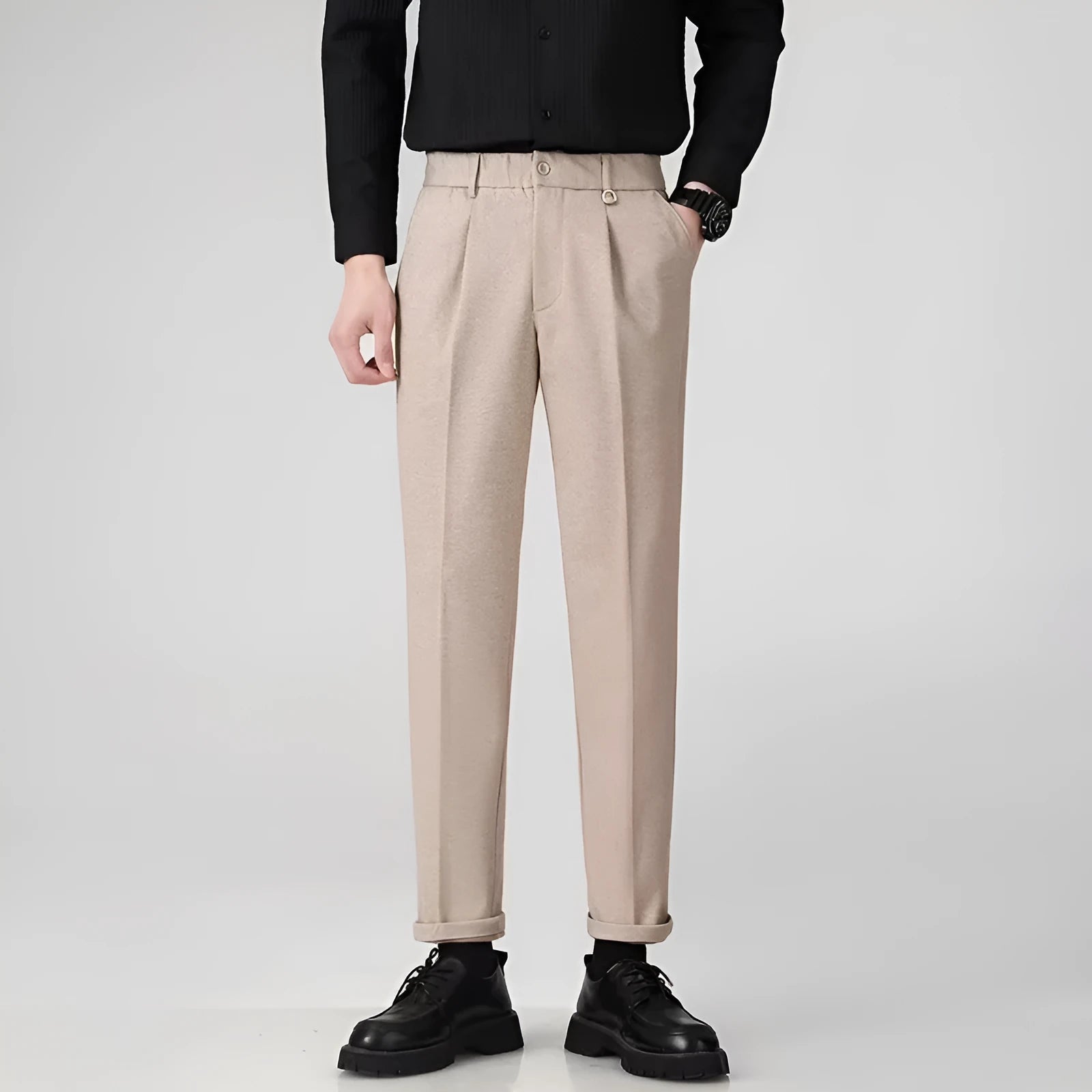 Men's straight-leg trousers in polyester with draped detail, shown in black, dark grey, khaki or brown.
