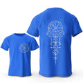 Close-up of a men's grey T-shirt featuring a detailed Viking rune compass graphic print on the chest.