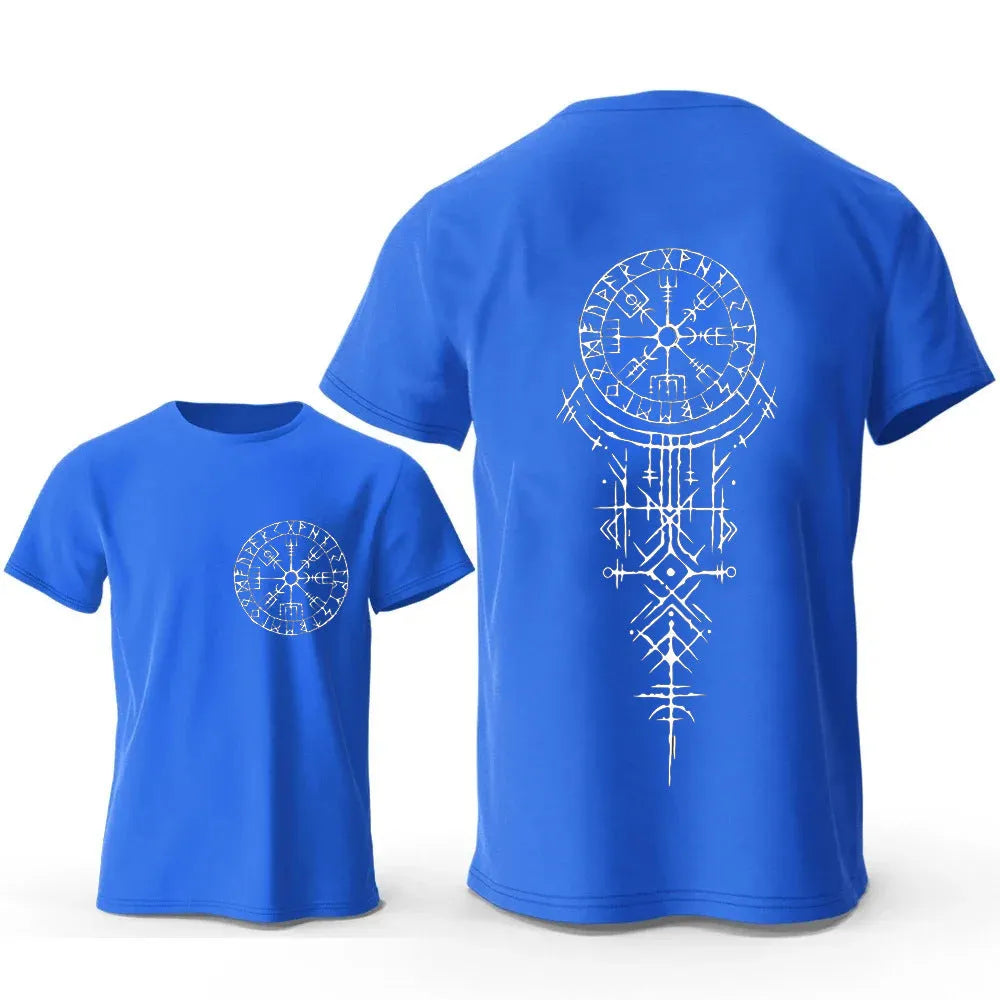 Close-up of a men's grey T-shirt featuring a detailed Viking rune compass graphic print on the chest.