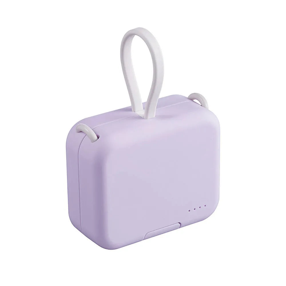 Multi-function bracket mobile power supply in red, green, or purple showing dual charging ports and integrated phone stand.
