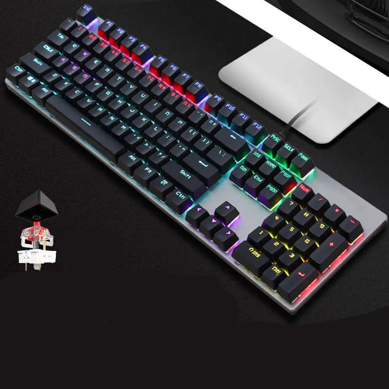 AOC GK410 wired mechanical keyboard with green switches and black keycaps on a desk, showing metal frame and USB cable.
