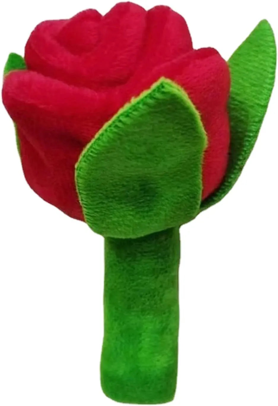 Plush pink rose flower dog chew toy with green leaf and a squeaker inside.