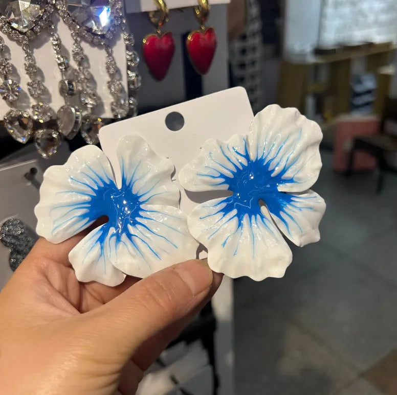 Pastoral style alloy floral stud earrings with oil-spot glaze finish in four colour options