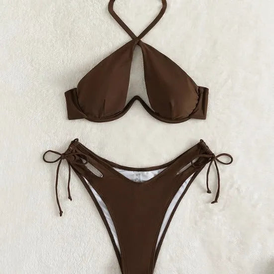 Women's halter neck bikini swimsuit in black blue or brown solid colours with briefs style