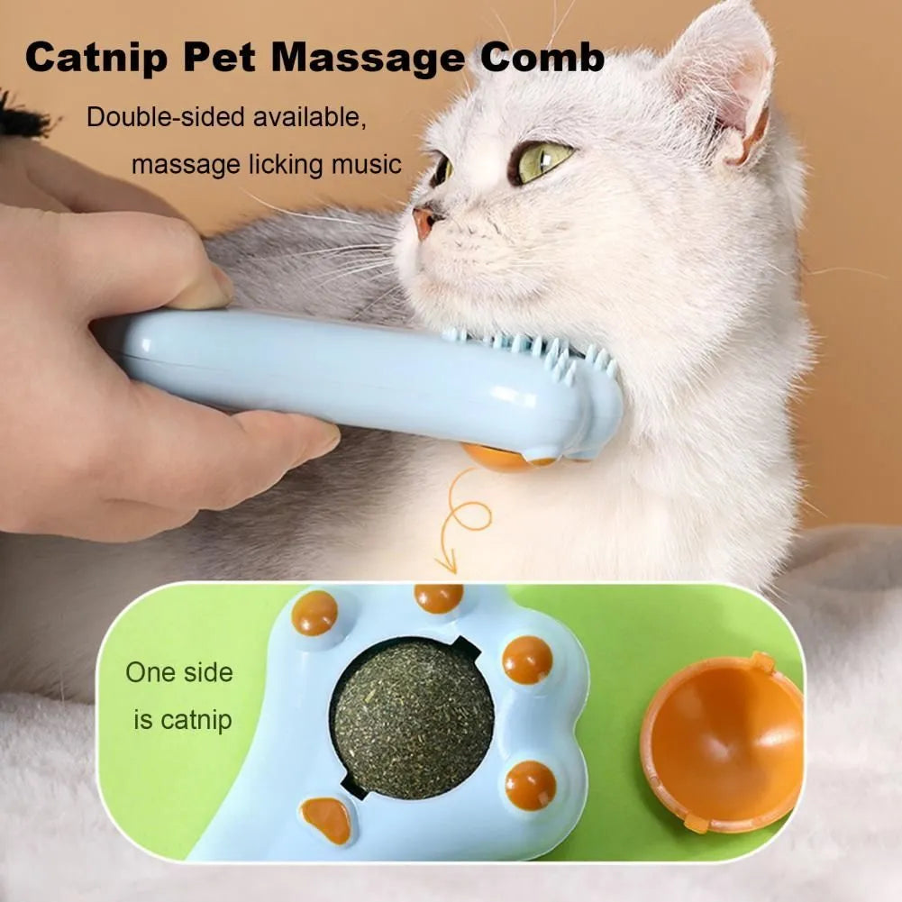Cartoon design cat grooming comb and dental toy with catnip compartment and dust-proof cover