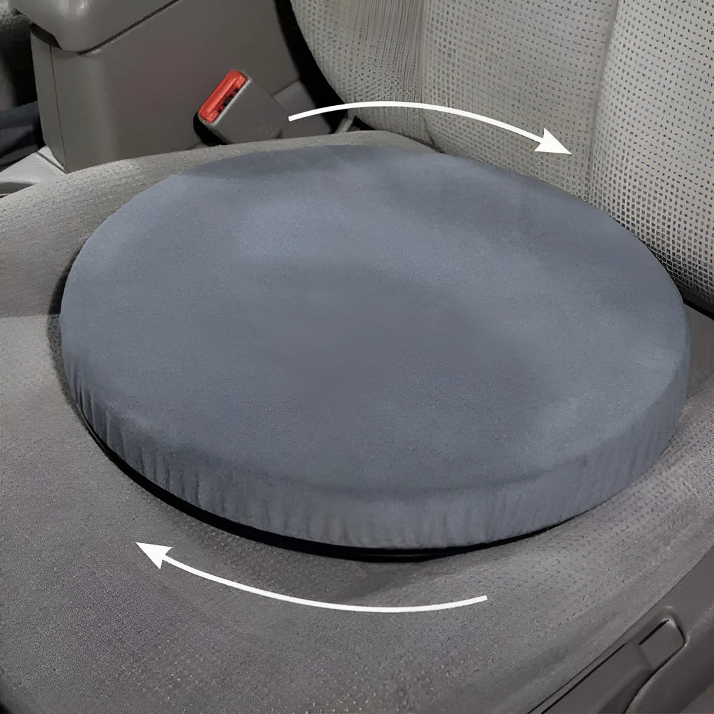 360-degree rotating grey car seat cushion with non-slip base on a car seat.