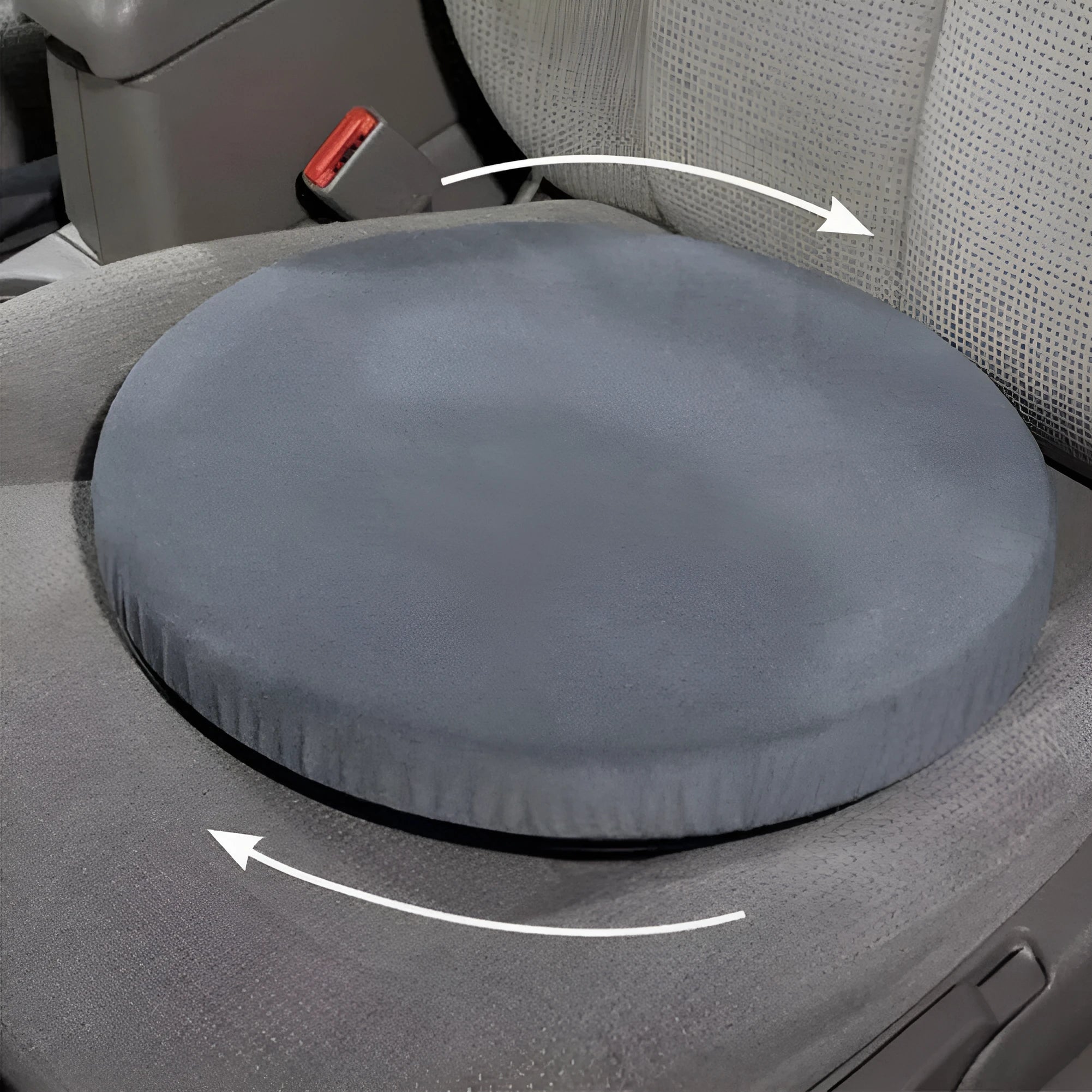 360-degree rotating grey car seat cushion with non-slip base on a car seat.