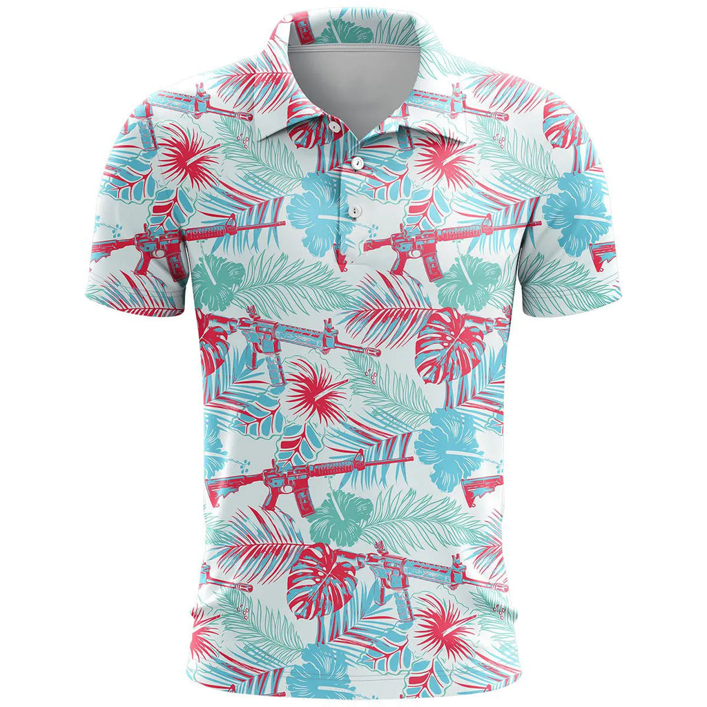 Man's loose-fit 3D printed short sleeve T-shirt in bird eye cloth polyester, showing colour and pattern detail.