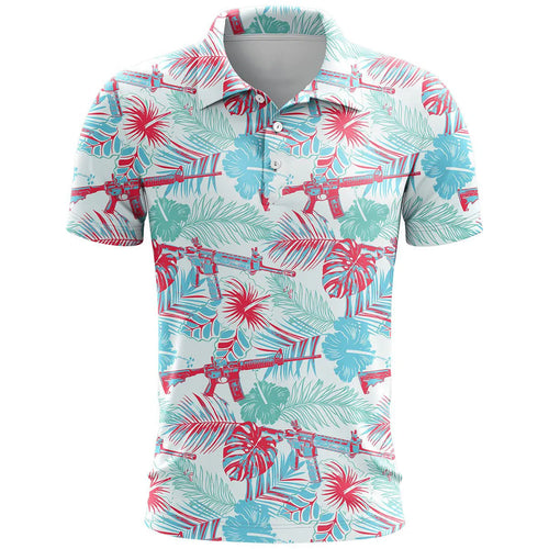 Man's loose-fit 3D printed short sleeve T-shirt in bird eye cloth polyester, showing colour and pattern detail.