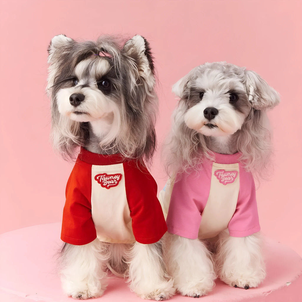 Cotton summer dog clothes with contrast colour details in embroidered red or pink, available in six sizes