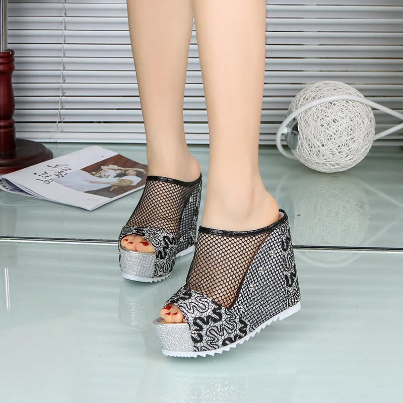 Korean style platform sandals with hollowed chunky heels and lace-up mesh upper