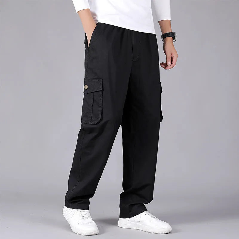 Cotton loose straight leg cargo trousers in black with multiple pockets and zip fly