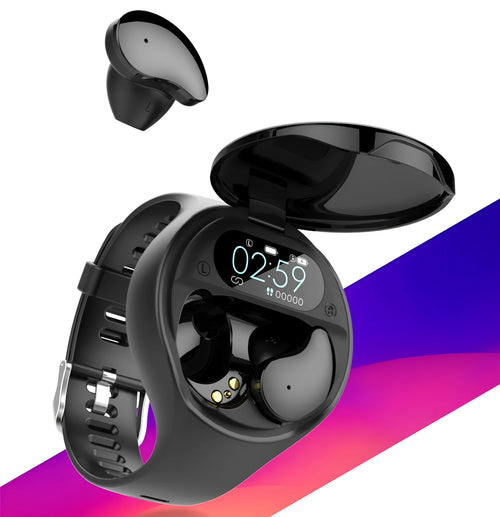 Black smart fitness bracelet with detachable TWS Bluetooth earbuds on a wrist, showing colour screen.