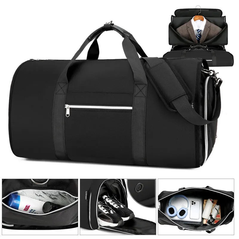 Oxford cloth sports storage bag in black with dry wet separation compartment and waterproof lining.