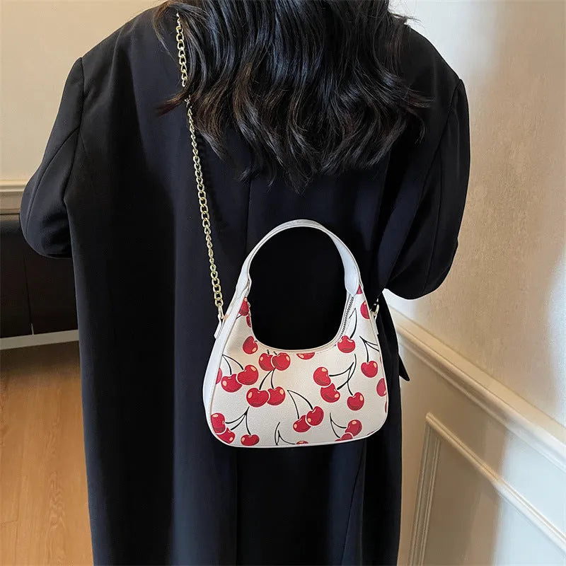 Autumn printed fashion underarm tote bag in beige with stitching details and double shoulder straps