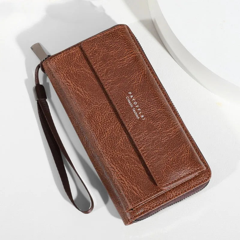 Men's black PU wallet with multiple card slots in casual long 19x10.5x4cm design