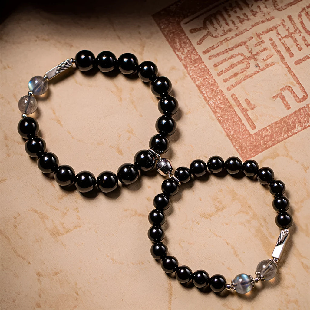 Obsidian Buddha beads couple bracelet set showing 8mm and 10mm stone beads in national style design