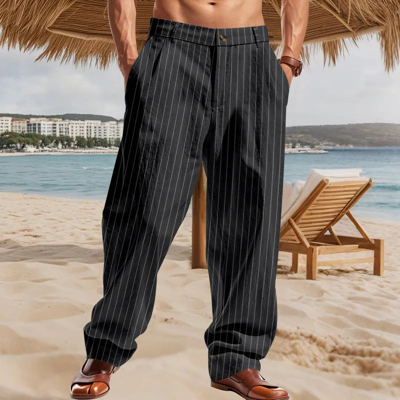 Men's linen striped trousers with straight loose fit, wide legs, and high waist in light blue colour