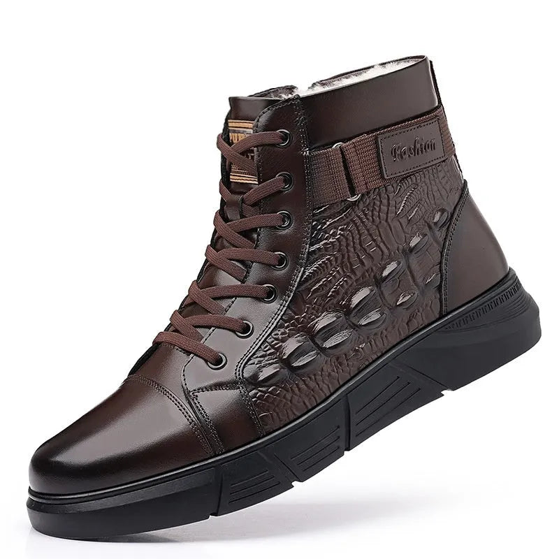 Genuine leather winter boots with fur lining and velvet trim, featuring non-slip rubber soles and front lace-up design