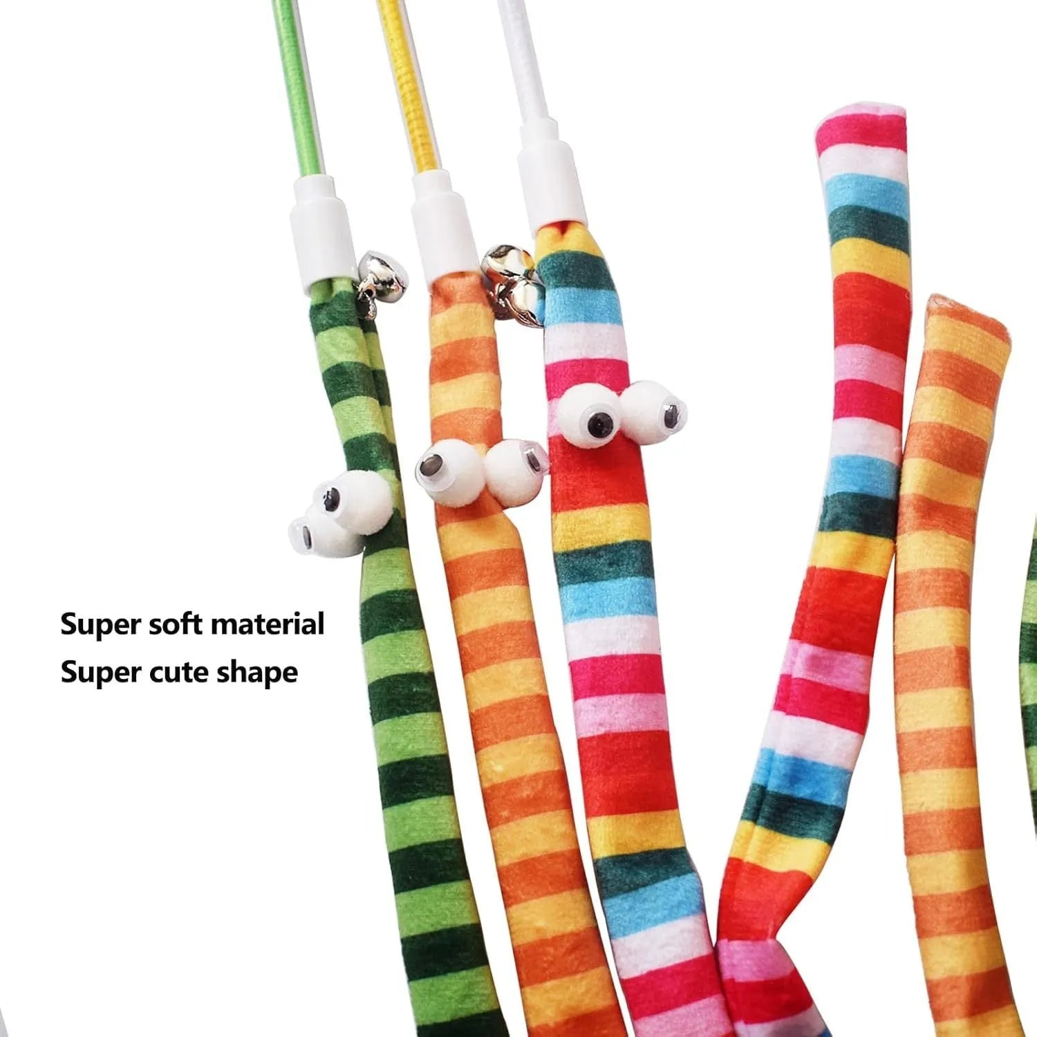 Cat wand teaser toy with long plush strip on a polycarbonate pole, shown in vibrant colours.