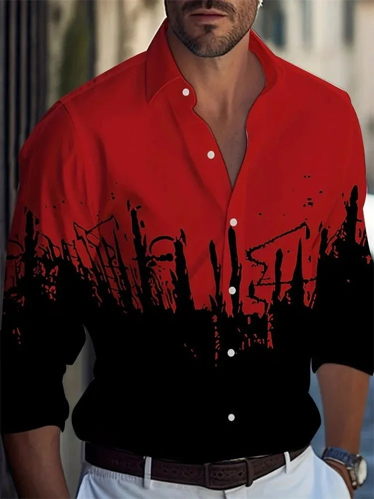 Man wearing a loose-fit Hawaiian shirt with floral pattern, long sleeves, and a cardigan style.