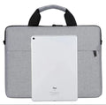 Grey Oxford cloth men's expandable laptop bag with polyester lining and sewing thread detail.