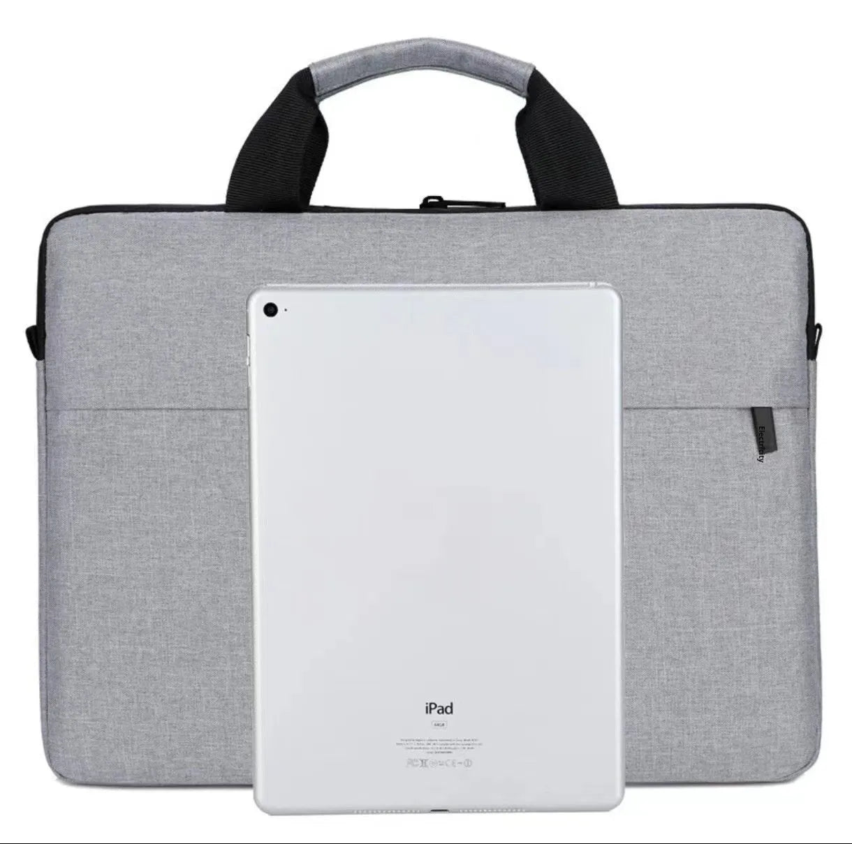 Grey Oxford cloth men's expandable laptop bag with polyester lining and sewing thread detail.