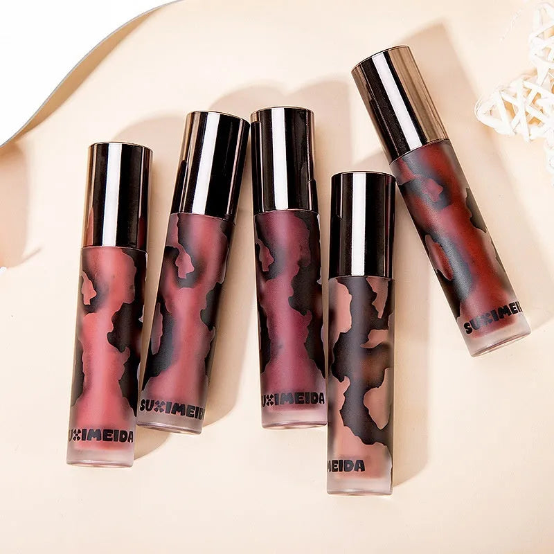 Lava Secret Matte Lip Mud Lipstick tube in one of five colours: Orange Brown Coffee, Cool Gray, Cinnamon Coffee, Jujube Red, or Smoked Purple.
