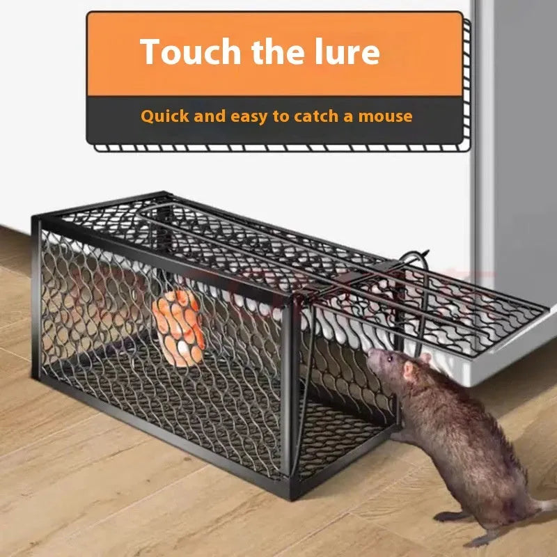 Automatic reset mouse cage trap in plastic and iron designs, shown in small, medium, and large sizes.