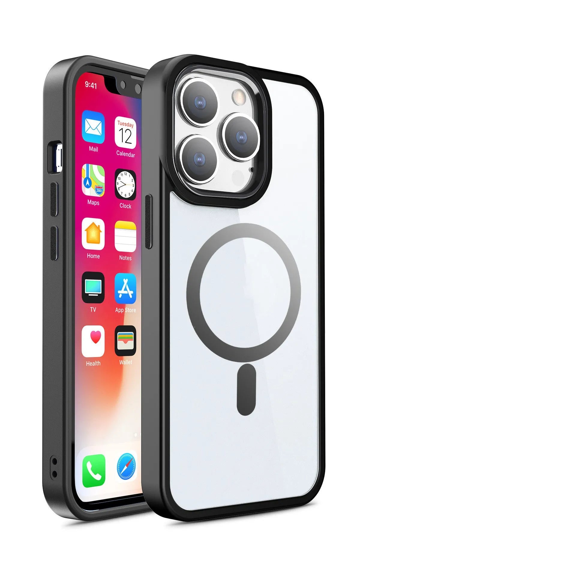 Slim magnetic transparent silicone phone case for iPhone on a MagSafe charger, showing raised edge protection.