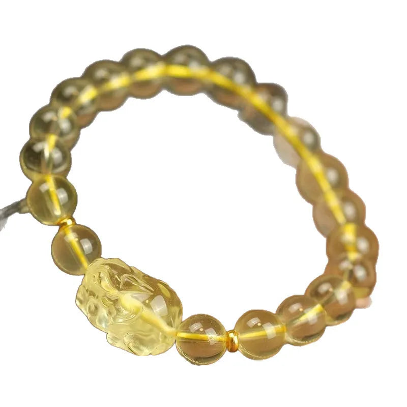 Yellow leather bracelet with artificial crystal Pi Xiu charm in Chinese simple style