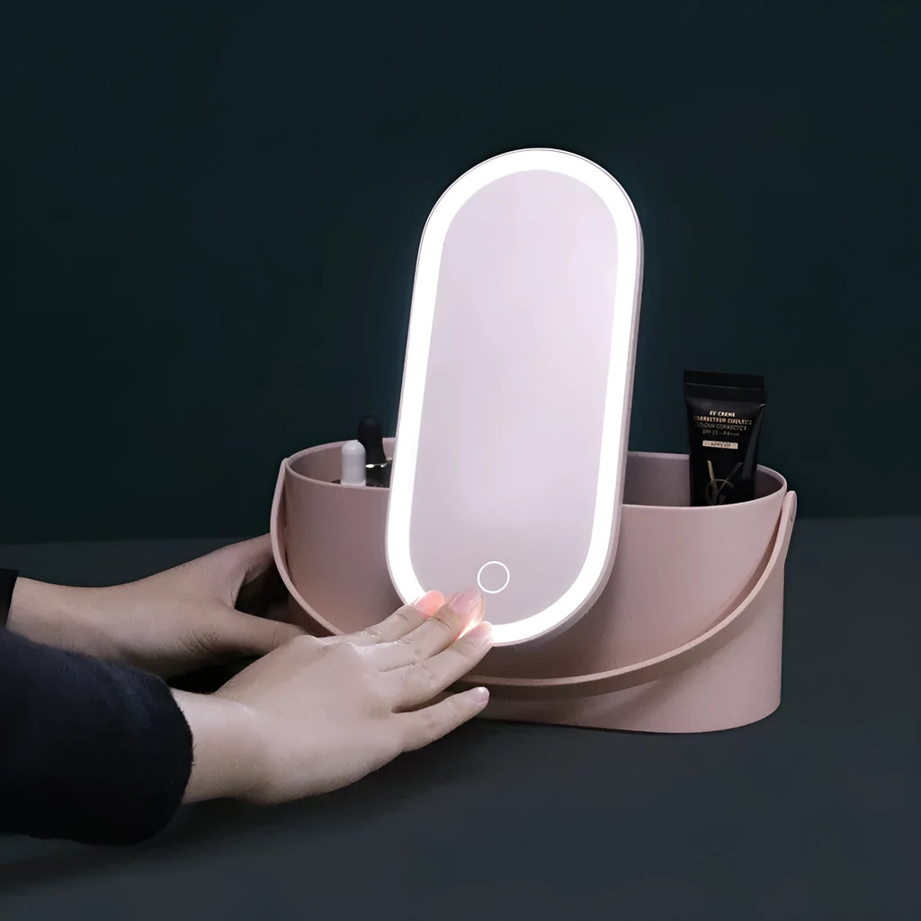 Portable LED light storage box makeup mirror with aluminium mirror lens in pink colour