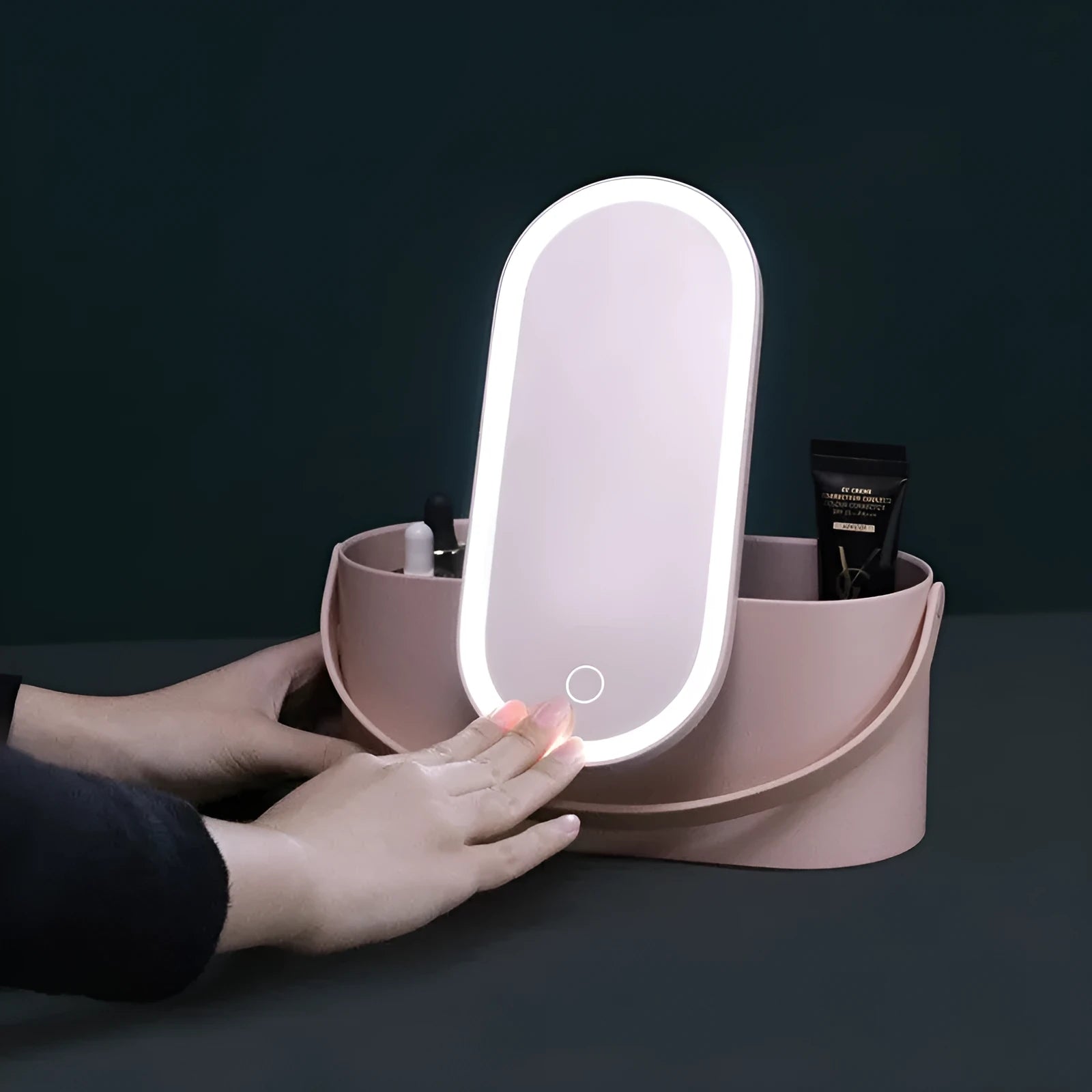 Portable LED light storage box makeup mirror with aluminium mirror lens in pink colour