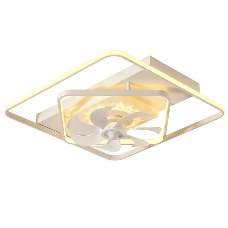 Modern thin suction ceiling fan light with plastic blades and an acrylic lampshade, shown installed.