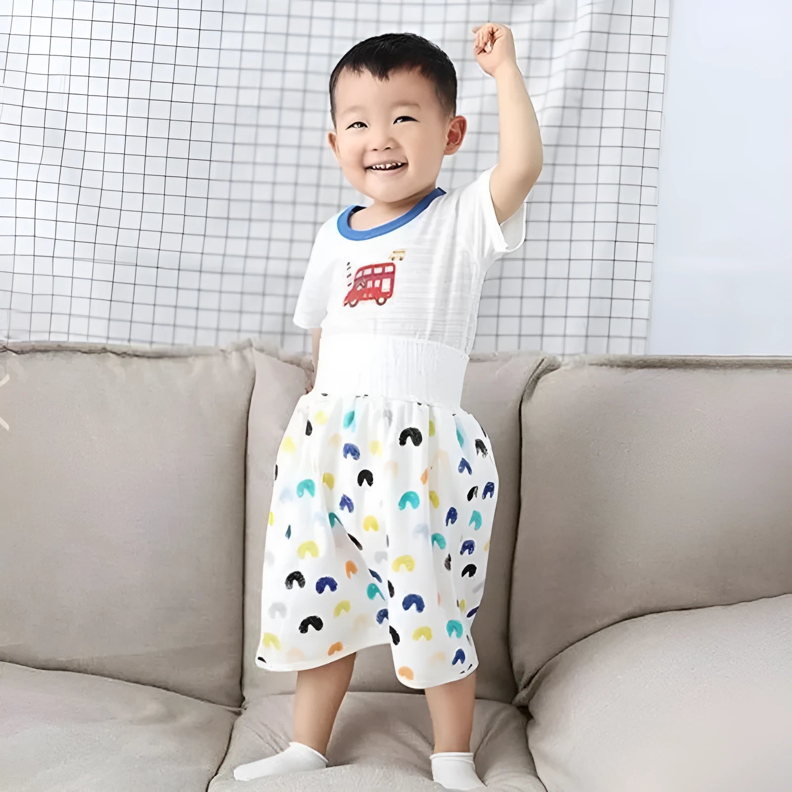 Pure cotton baby diaper skirt in dinosaur print, small size 0-4 years, with button fastening