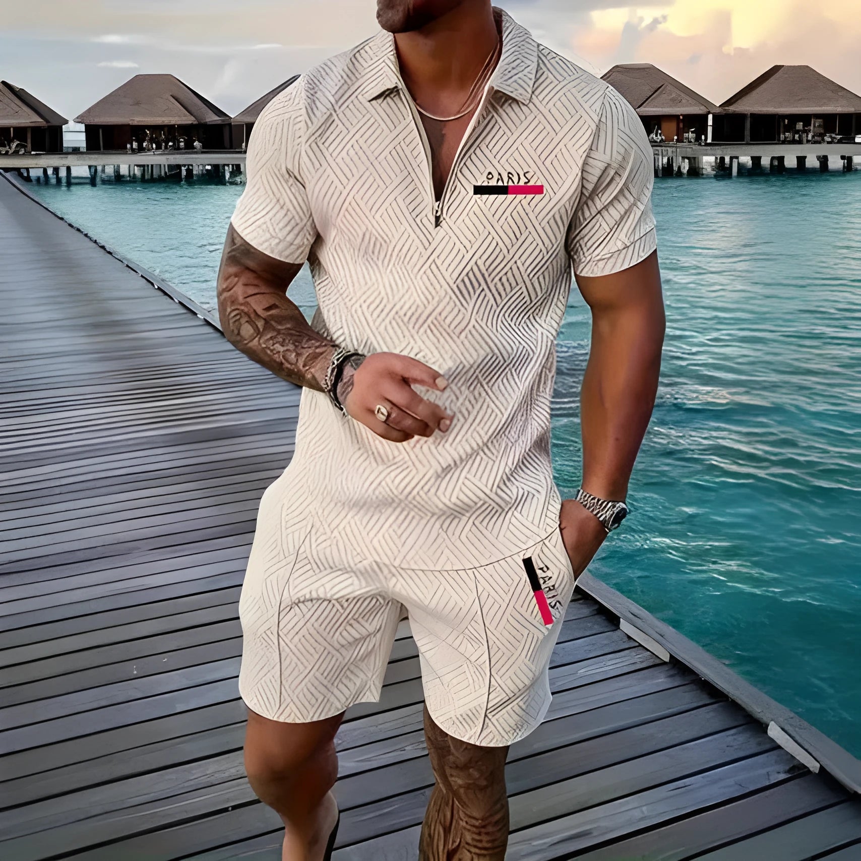 Men's casual retro plaid beach suit set with Paris heat transfer patch short sleeve T-shirt and shorts in multiple colours