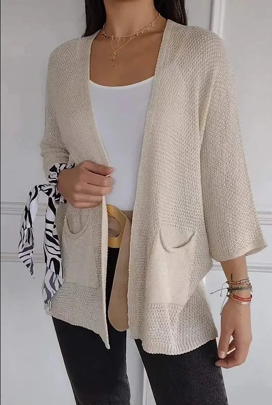 Women's thin waffle fabric cardigan coat with nine-quarter sleeves in army green colour.
