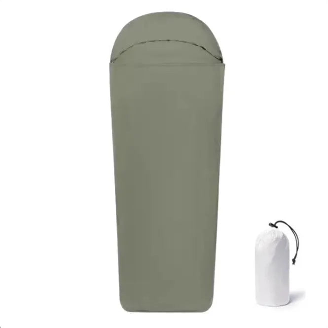 Blue mummy-style nylon camping sleeping bag with tapered design, shown rolled and unrolled.